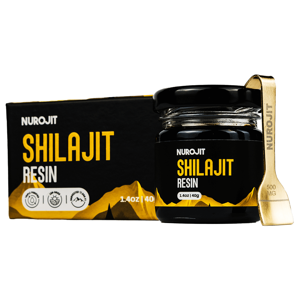 Jar of NuroJit Shilajit resin with box and measuring spoon.