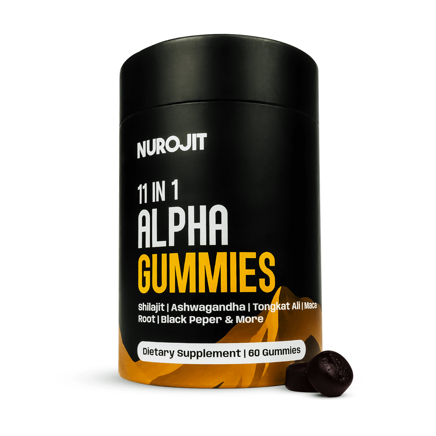 Jar of NuroJit Shilajit resin with box and measuring spoon.